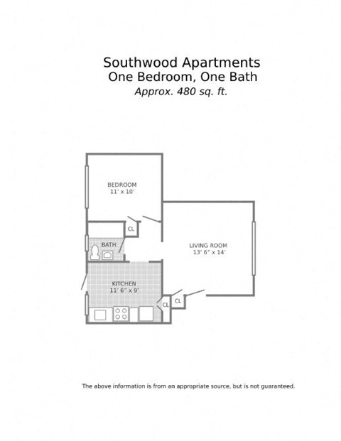 Floor plan for 1 bed, 1 bath, 480 sqft